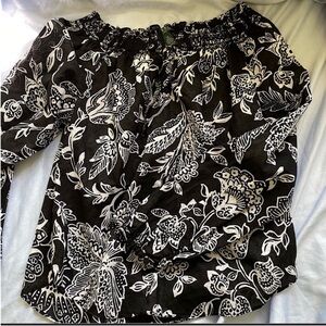 💜 Lauren Ralph Lauren White Jacobean Floral Against Black Top 100%Cotton XS